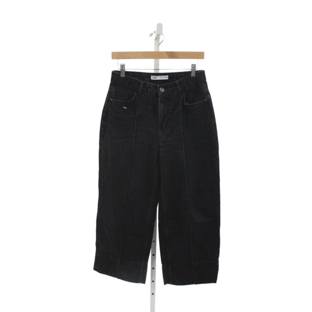 Zara Womens Cropped High Rise Black Jeans Button 100% Cotton Size 4